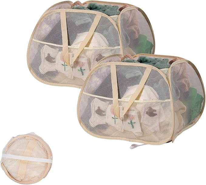 Collapsible Laundry Basket, 90L Foldable Pop Up Laundry Hamper with Handles, Mesh Dirty Clothes Hamper for Laundry, Bathroom, Kids Room, Dorm,Travel or Camping (Beige, 2PCS)
