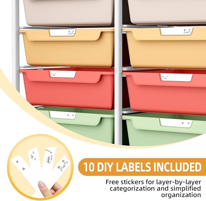 10 Drawers Rolling Cart with Wooden Tabletop, Utility Storage Cart with Wheels, Art Supply Craft Organizer on Wheel with Metal Frame & Handles for Home Office School,Colorful