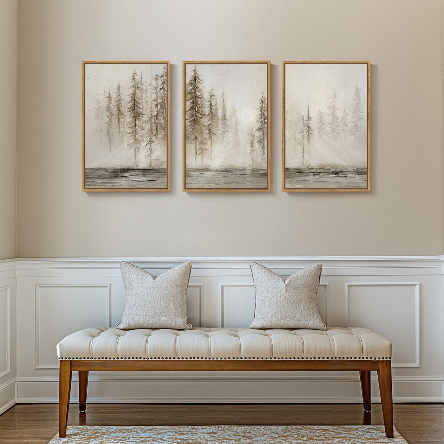 Framed Neutral Tree Set of 3 Wall Art Bedroom, Abstract Modern Rustic Landscape Beige Canvas Artwork for Walls, Nordic Misty Forest Farmhouse Wall Decor for Bedroom Hallway Office, 16x24 Inch