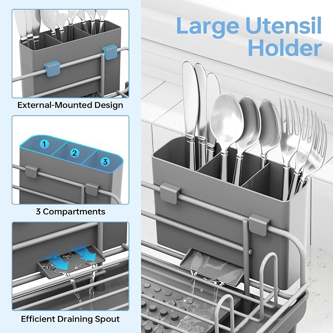 TOOLF Large Dish Drying Rack, Expandable Dish Rack for Kitchen Counter, Multifunctional Dish Drainer, Organization and Storage Essentials with Cup & Cutlery Holders, 16.7"-26.8" L x 12.6" W, Gray
