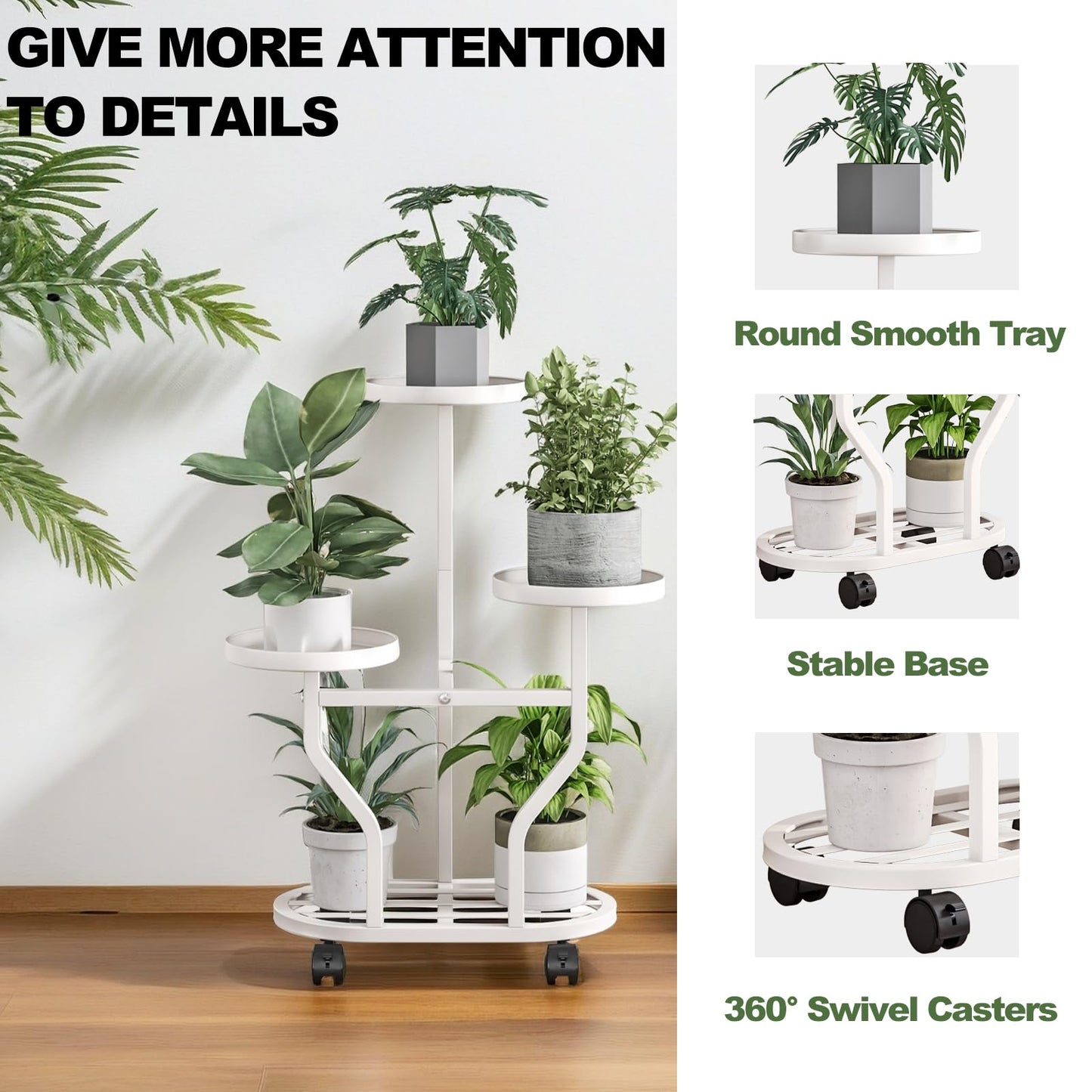 YIZAIJIA Plant Stand with Wheels 3 Tier Metal Plant Holder Corner Flower Shelf for Multiple Plants Display Rack for Bedroom Living Room Balcony Garden White (White, 3 Tier)
