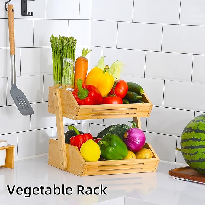 VIKEYHOME Fruit Basket, 2 Tier Bamboo Fruit Basket for Kitchen, 11" Tall Fruit Stand Storage Holder, Heavy Duty/Large Capacity for Vegetables, Fruit, and Snack, 15 mm Thickness (Self-assembly)