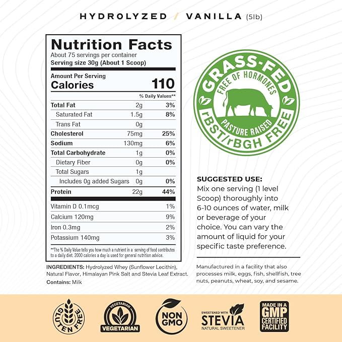 Muscle Feast Hydrolyzed Whey Protein Powder, Grass Fed and All Natural Hormone-Free, Hydro Whey Powder for Men and Women, Gluten Free, Non-GMO, Delicious Hydrolyzed Protein Powder, Vanilla, 5lb