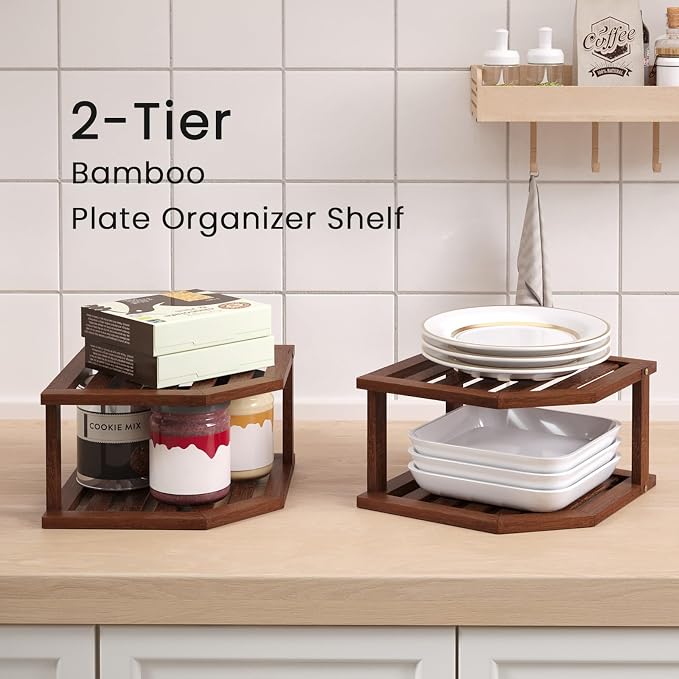 VERTORGAN Bamboo Corner Shelf(2 Pack),2 Tier Plate Organizer for Cabinet and Countertop,Pantry Dish and Spice Rack for Kitchen（Brown）
