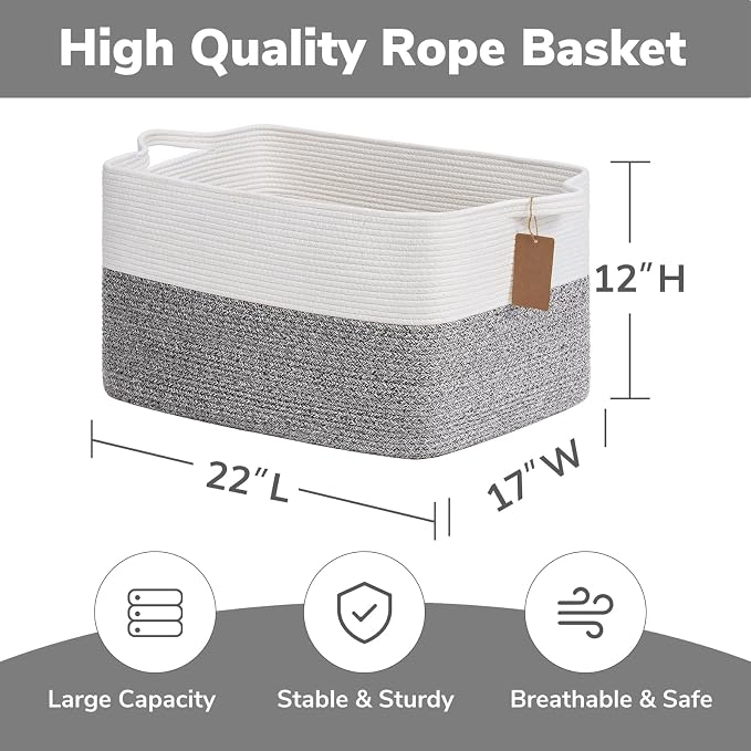 Goodpick Woven Storage Baskets for Organizing 22”x17”x12” Large Blanket Basket for Living Room Home Decor, Rectangle Rope Toy Basket for Kids, Gift Baskets Empty with Handles, Gray
