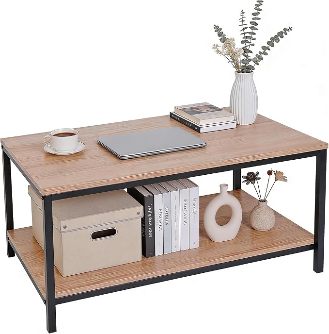 SUPER DEAL 2-Tier Industrial Coffee Table with Storage Shelf for Small Apartment Living Room, Rectangle Wood and Stable Metal TV Stand Side End Table, Natural Oak