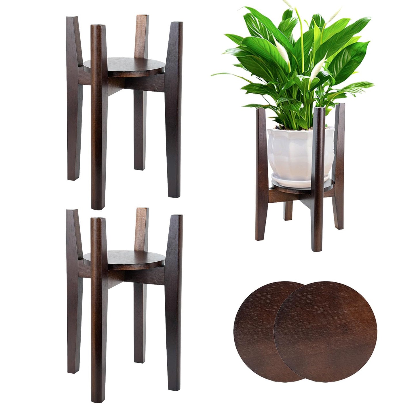 ZIOZERTT 2 Packs Adjustable Plant Stand with Tray,Indoor Wood Plant Stand Fit 8'' to 12'' Planter,Mid Century Modern Flower Pot Holder Rack(Plant and Pot Not Included) Walnut