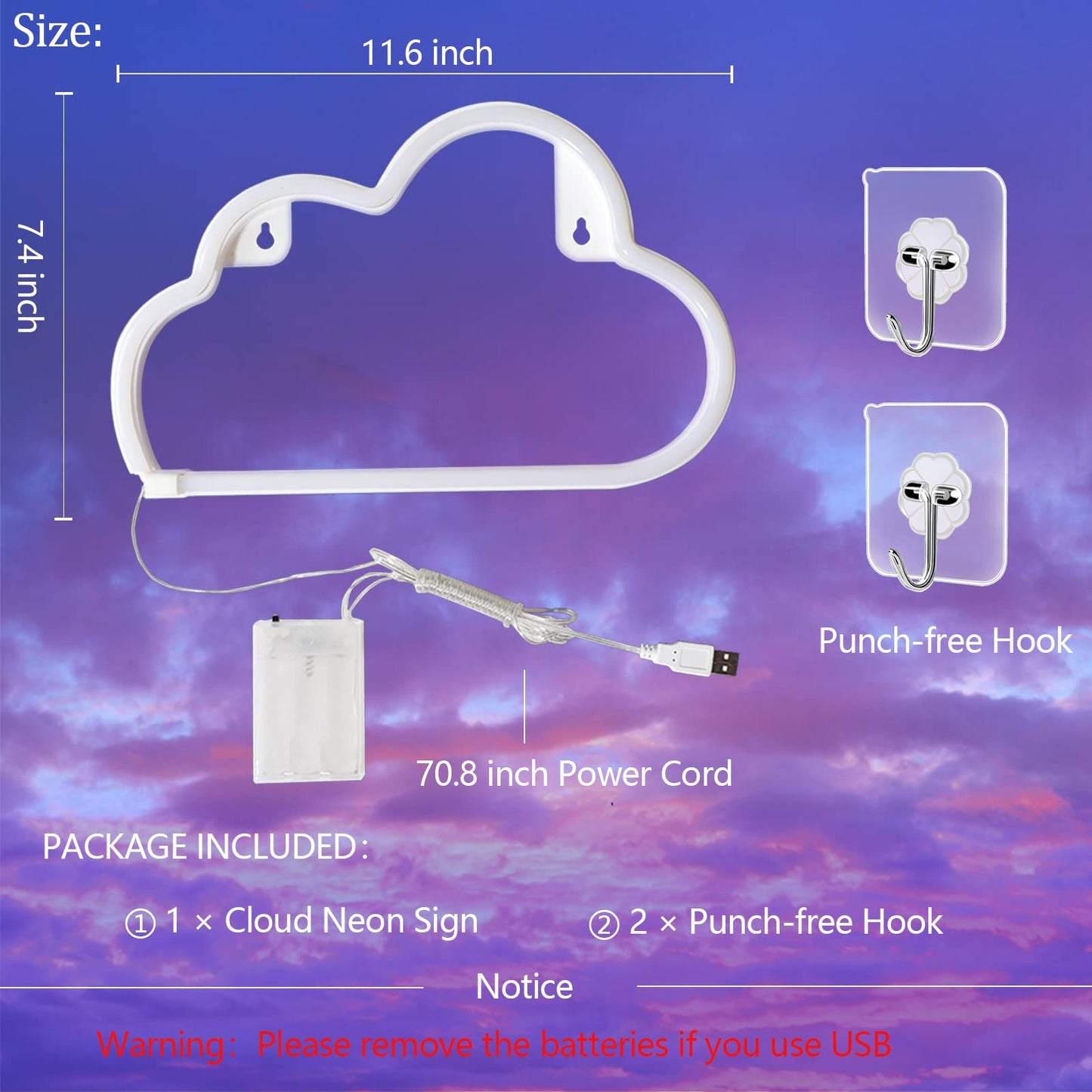 Cloud Neon Sign Warm White Cloud Light Sign for Wall Decor,Battery or USB Powered Clouds Shaped LED Sign Decoration Lights for Bedroom Aesthetic Teen Girl Kid Room Christmas Birthday Wedding Party