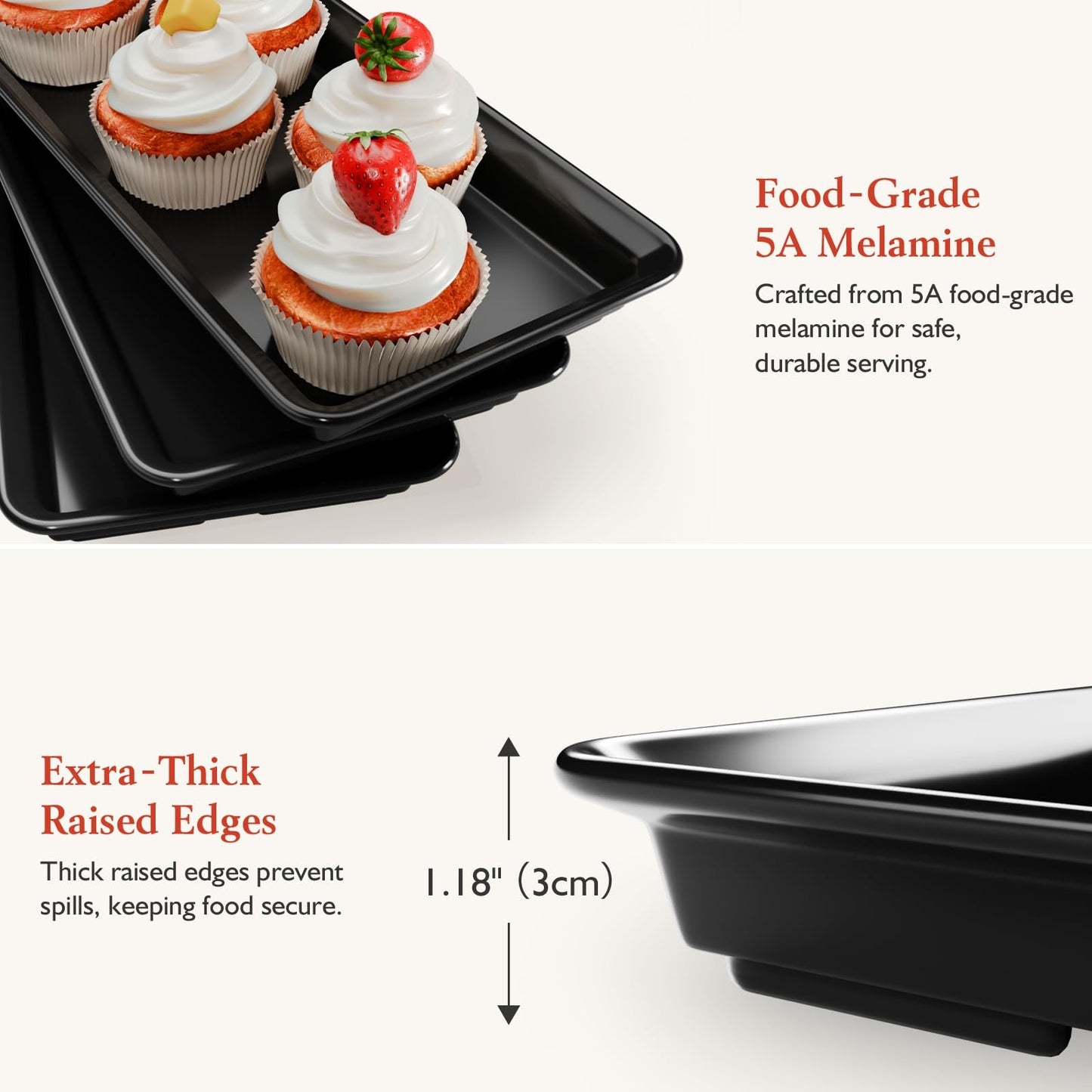 3-Tier Melamine Serving Tray Set, 11.5" x 5.6" Platters for Serving Food, Black Reusable Trays with Black Metal Display Stand for Cupcakes, Sevring Food, Dessert, Fruit, Cookie, Black