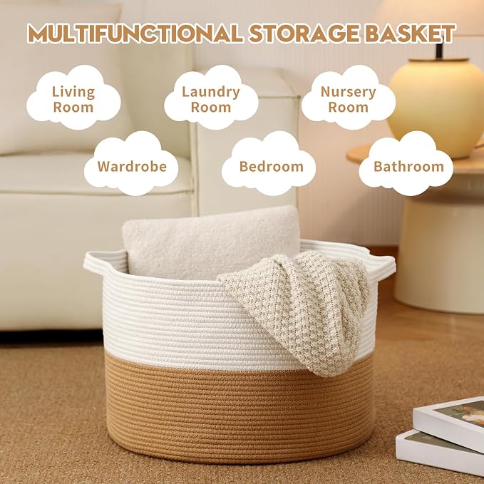 Foldable Laundry Hamper Basket with Collapsible Handle Cotton Rope Soft Woven Fabric Storage Organizer Clothes Toys Nursery Bedroom Dorm Space Saving Bin (White & Camel, 65L(19.7"D x 12.6"H))