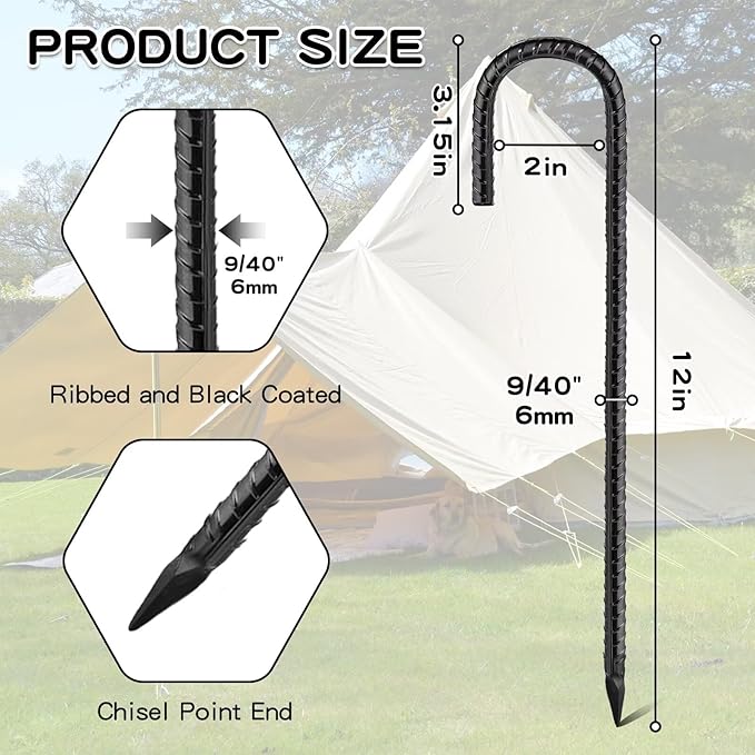 Black Rebar Stakes 12inx6mm Galvanized J Hook 10pcs – Heavy Duty Ground Tent Stakes for Fence,Bounce House,Outdoor Plants,Artificial Turf,Dog Coop,Metal Stakes for Christmas Decorations