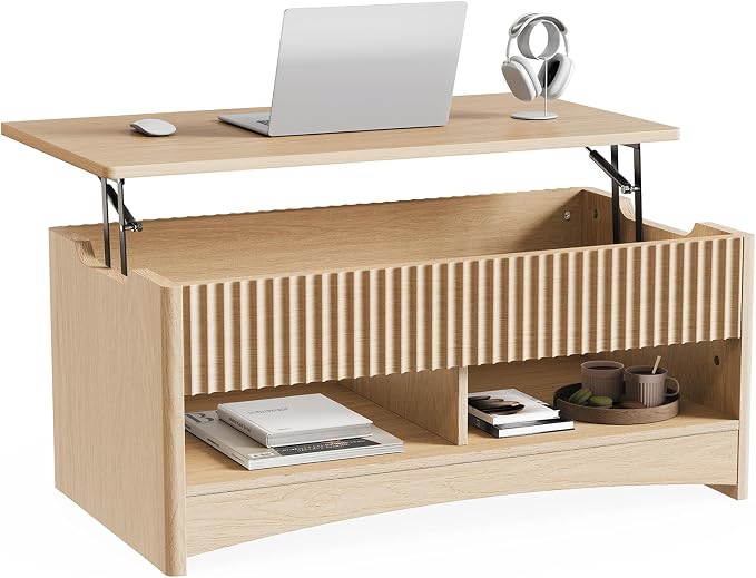 Marsail Lift-Top Coffee Table, Fluted Center Table with Hidden Compartments, Smooth Lifting & Space-Saving Design, Versatile Wood Coffee Table for Living Room and Office, Oak