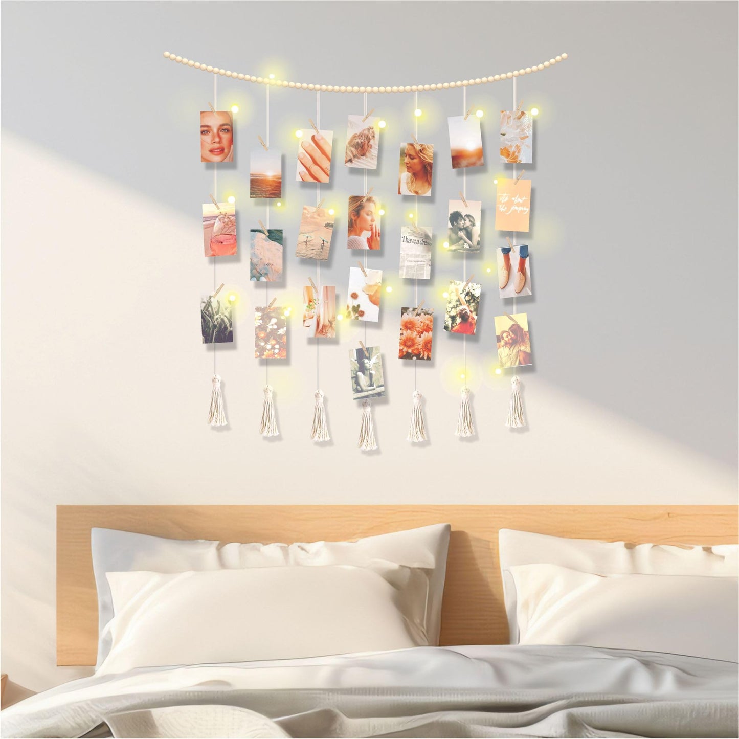 Hanging Photo Display with Clips Wall Boho Decor Beads Garland with Led Lights - Sculptural Picture Frames Collage - 30 Clothespins - 2 Non-Trace Hook - Photo Clip String Lights - 45 x 45 inch