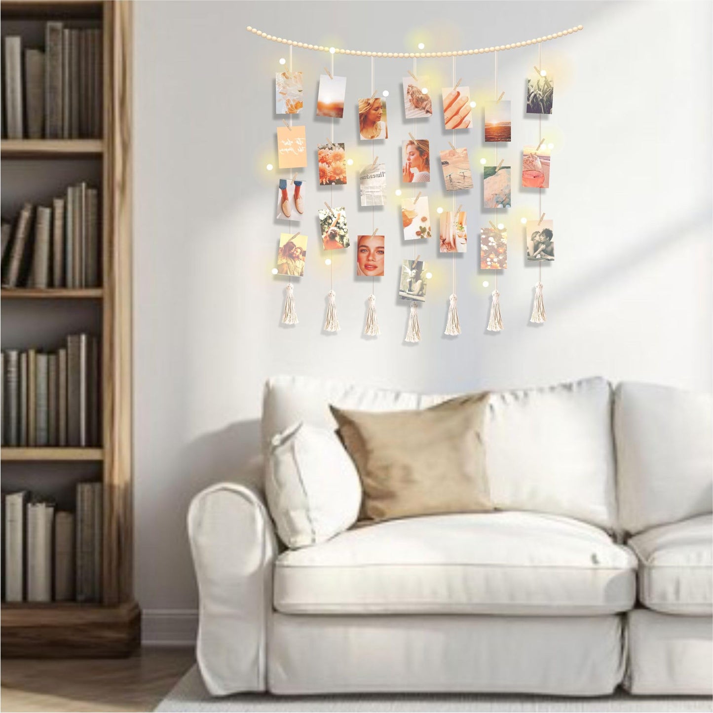 Hanging Photo Display with Clips Wall Boho Decor Beads Garland with Led Lights - Sculptural Picture Frames Collage - 30 Clothespins - 2 Non-Trace Hook - Photo Clip String Lights - 45 x 45 inch
