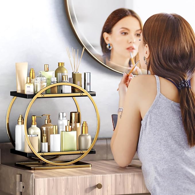 Makeup Organizer for Vanity, Black Gold Perfume Organizer for Dresser, 2-Tier Bathroom Countertop Organizers, Bathroom Counter Shelf Skincare Holder Perfume Tray Cosmetic Display