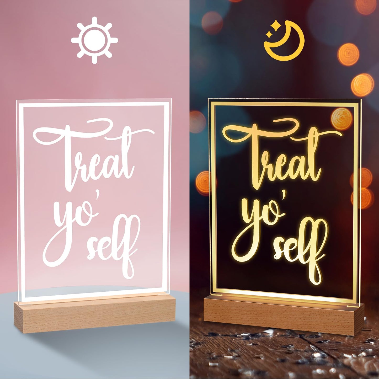 Hoolerry LED Acrylic Bar Table Sign 8" x 10" Neon Acrylic Table Centerpiece, Snack Candy Bar Centerpiece with Stand White Text for Dessert Flower Room Decor (Treat Yoself)