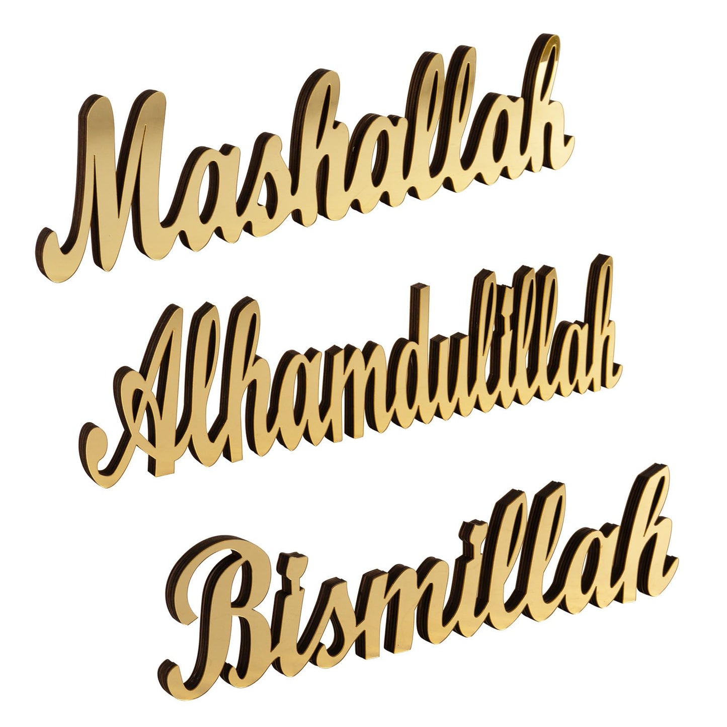 flangairy 3 Pcs Ramadan Decorations Home 2026, Wooden Gold Acrylic Bismillah Alhamdulillah Mashallah Sign, Wood Eid Mubarak Islamic Allah Table Stand Fireplace Office Desk Mosque Decor, Muslim Gifts