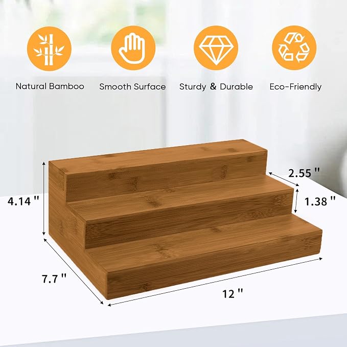 Bamboo Spice Rack Organizer for Cabinet 2 Pack - 3 Tier Countertop Step Shelf, Seasoning Storage Stand for Kitchen Pantry, Spice Holder for Jars Bottles Cans (Brown)