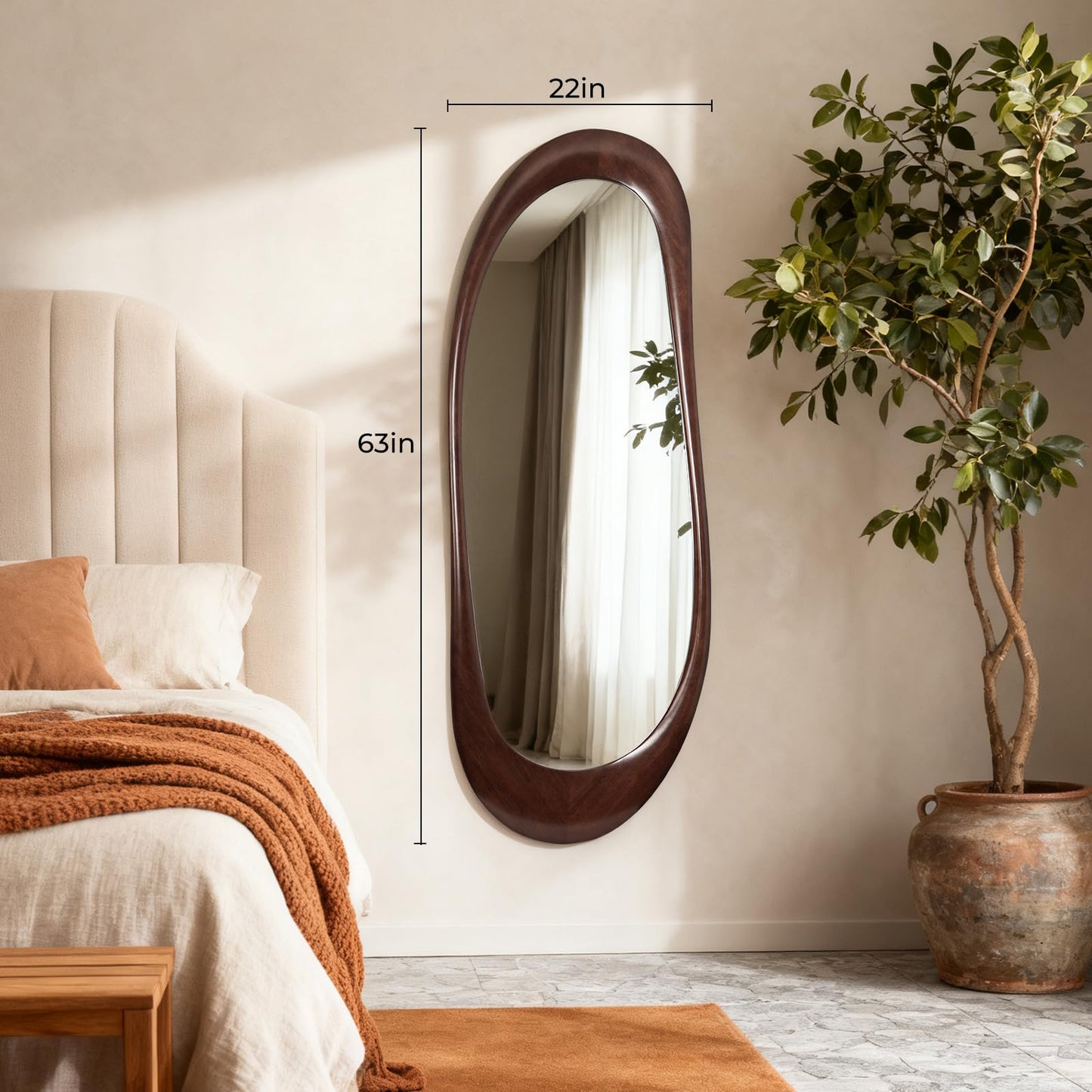 WallBeyond Asymmetrical Full Length Wooden Mirror, 22.5" x 63" Irregular Solid Wood Wall Mirror, Boho Decor for Bedroom Living Room Entryway, Mid-Century Modern, Dark Walnut