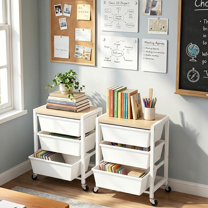 Rolling Cart with 3 Drawers, Plastic Drawer Storage Carts with Lockable Wheels & Wooden Tabletop, Metal Art Craft Utility Cart Organizer for Home Office Bedroom Dorm Bedside Classroom, Bright White