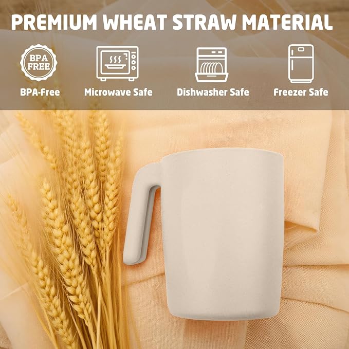 Coffee Mugs Set of 6, Wheat Straw Cups 16 oz, Resuable Plastic Coffee Cups With Handle, Unbreakable & Stackable Kitchen Cup, Microwave safe Drinking Glasses for Tea, Juice and Water - Beige