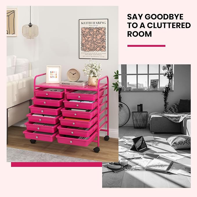 Giantex 12 Drawers Rolling Cart, Mobile Storage Drawer Cart, Classroom Organizer Cart for Office School Supplies Tools Scrapbook Paper Craft Small Printer, Utility Cart on Wheels, Hot Pink