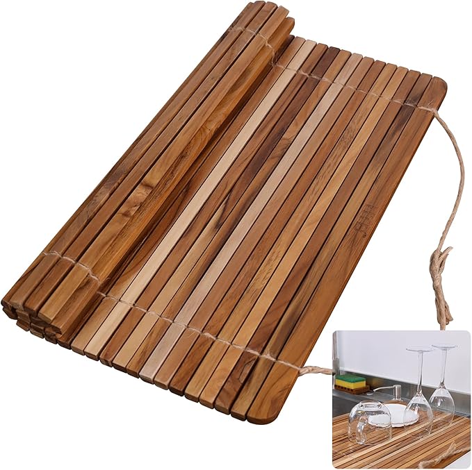 HTB Over Sink Dish Drying Rack 17.8'' x 16.1, Kitchen Teak Wood Roll Up for Dishes,Plates, Bowls, Wooden Cover Counter Space