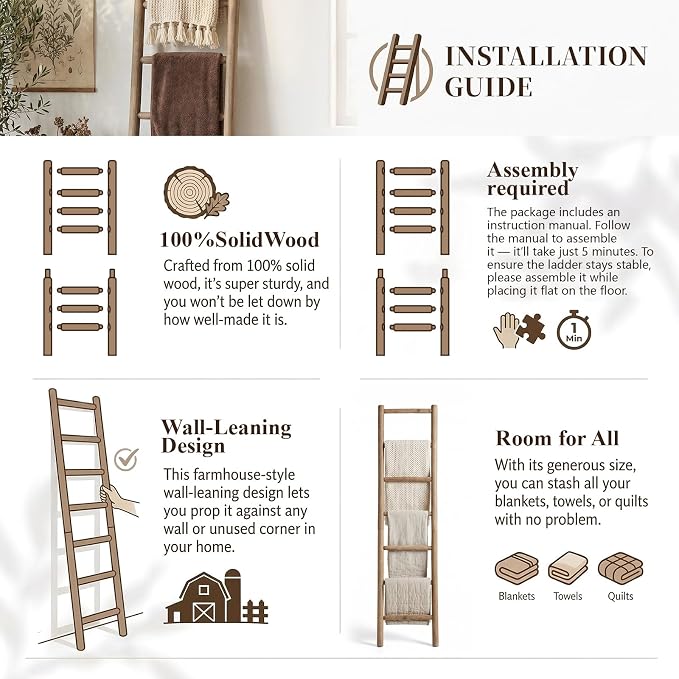 Wooden Blanket Ladder - 76in Natural Wood Color- Leaning Wall Decor for Bedroom, Bathroom, Living Room - Rustic Quilt Holder (Natural Wood Color (Knock Down), 76in(7-Rung) | Knock Down)