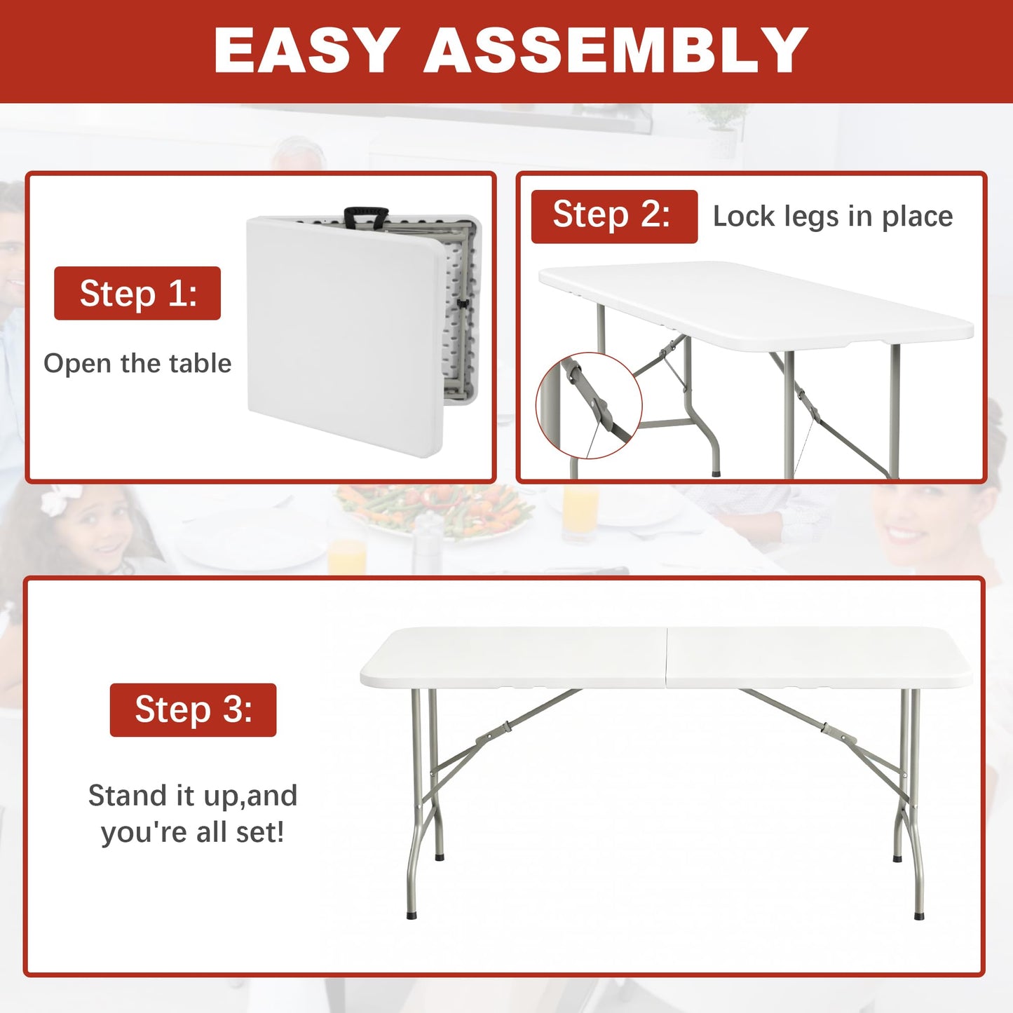 Elevon 6FT Folding Tables – Heavy Duty Portable Foldable Table with Built-in Handle, 300 lb Capacity – Ideal for Events, Parties, Crafts, Camping & Dining (6-Pack)