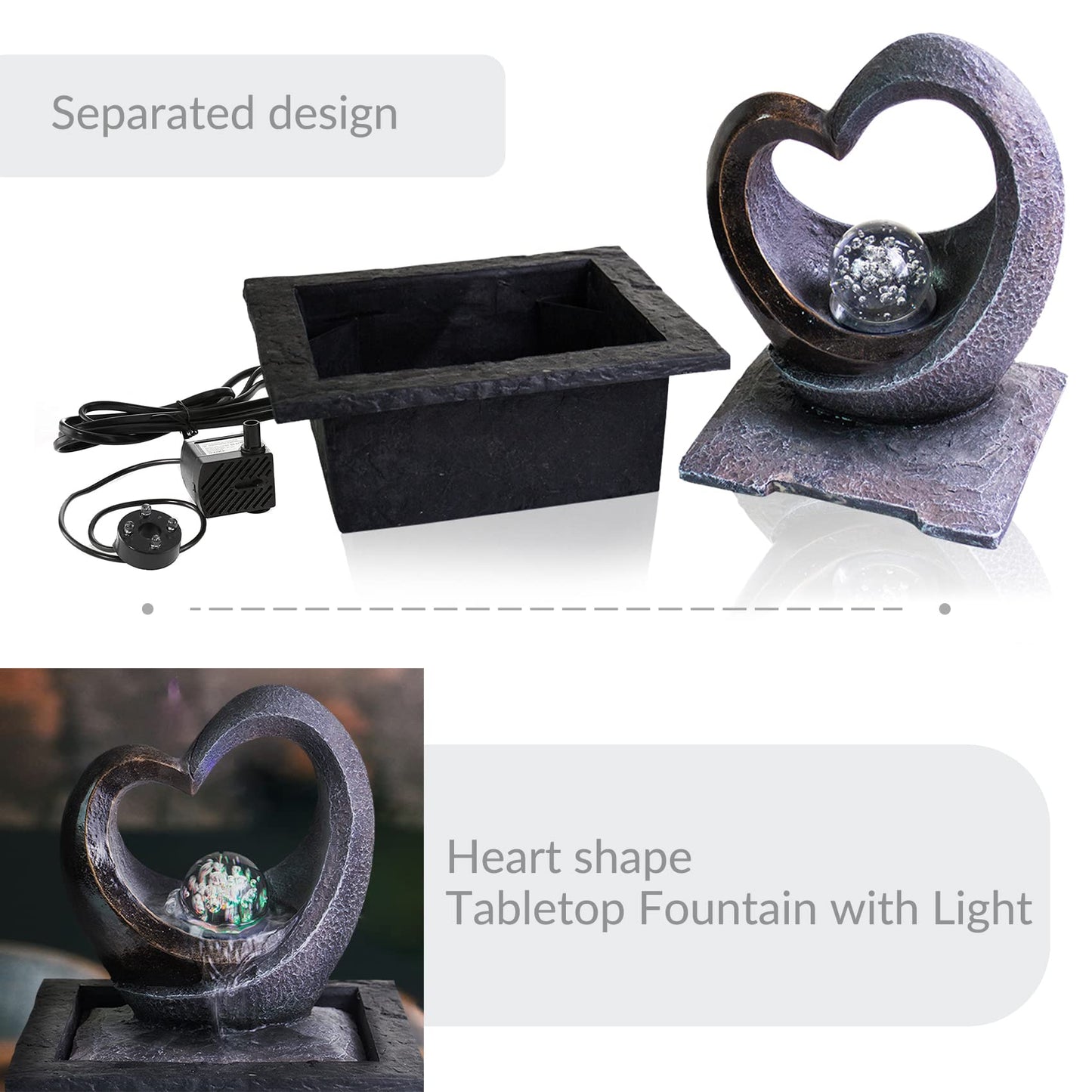 Ferrisland Tabletop Water Fountain, Zen Meditation Indoor Waterfall Fountain, Heart Shape Decoration with LED Light for Home Office Bedroom Relaxation Decor, Gift Ideas