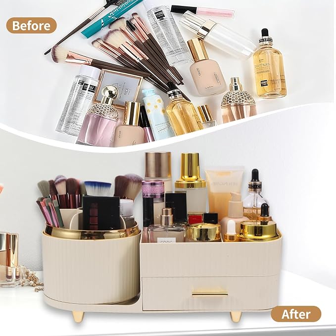 Makeup Organizer Countertop with Drawer 360 Rotating Brush Holder Storage Large Capacity Skincare Cosmetic Display Cases for Vanity Bathroom Desktop, Model 3016 Cream