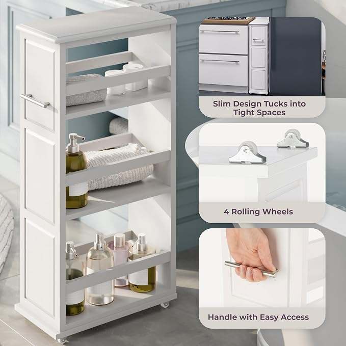 Lavish Home 3-Tier Slim Rolling Storage Cart - 16.7” x 9” Narrow Rolling Cart with Handle and Wheels for Bathroom, Laundry Room, and Kitchen Organization - Pull-Out Home Organizers (White)