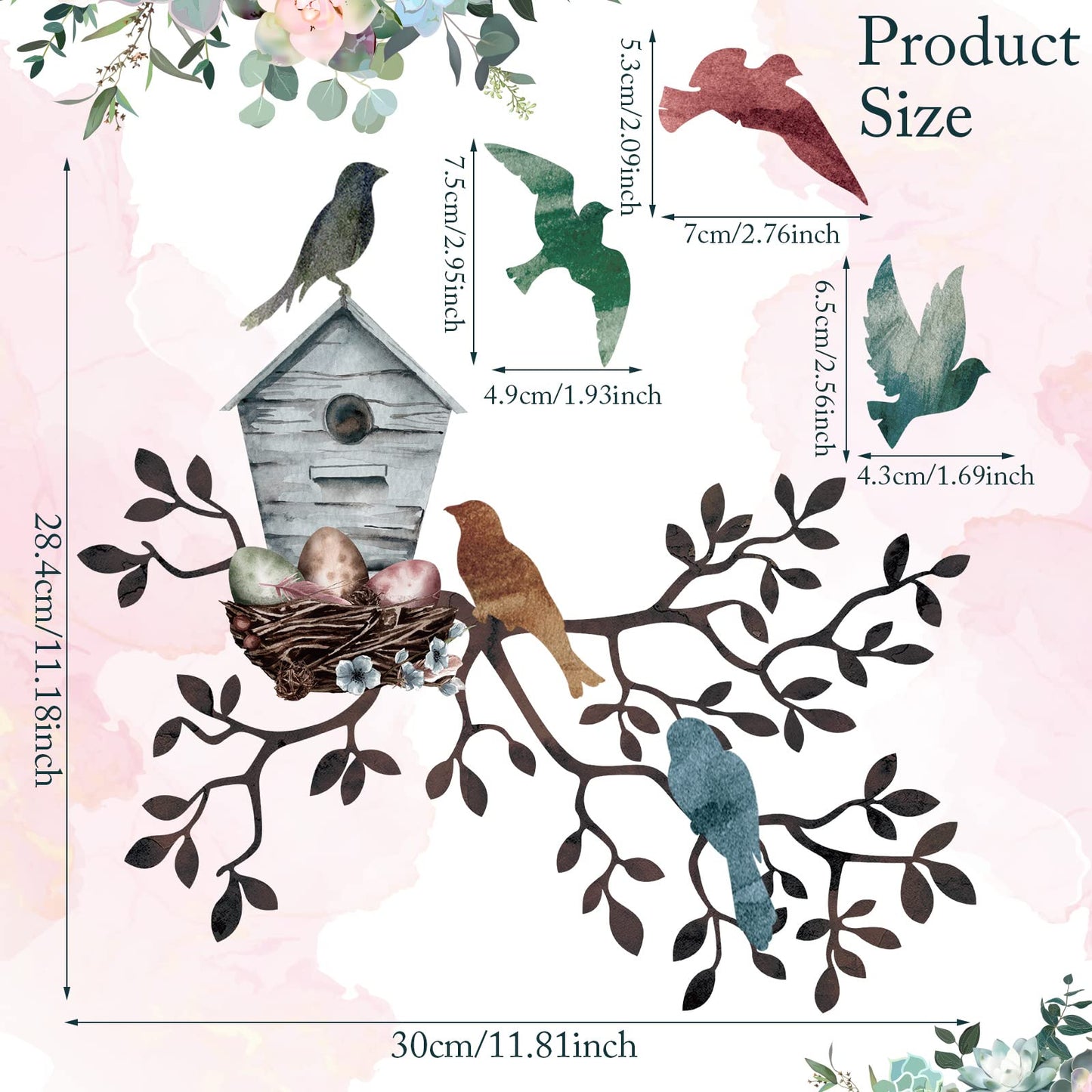 Tatuo Metal Bird Wall Art Birds on The Branch Wall Decor Hanging Metal Sculpture Silhouette Tree with Birdhouse for Living Room Tree Leaf Decor for Indoor Outdoor Garden Bedroom Office Home Party