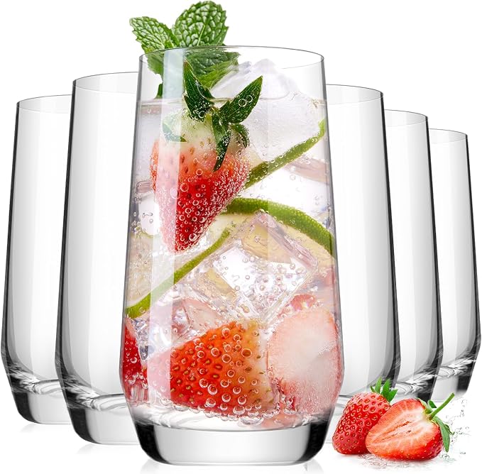 LUNA & MANTHA Drinking Water Glasses Set, Lead-Free Crystal Highball Glass, Tall Glass Cups for Cocktail Parties,Clear set of 6,16.2oz