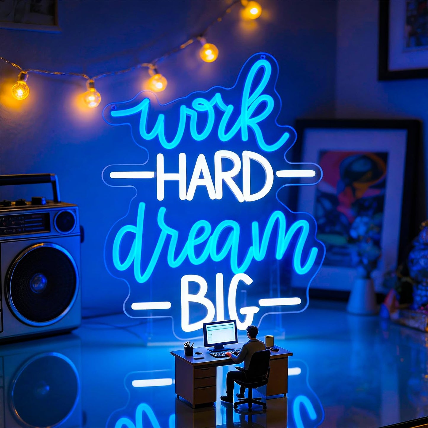 Whfobfe Work Hard Dream Big Neon Sign Led Office Decor Neon Lights Signs for Wall Decor USB Powered Led for Room Decoration Home Game Room Bar Party