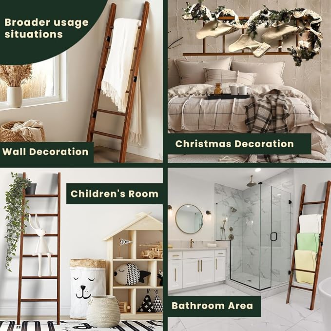 Decorative Foldable Wooden Blanket Ladder, 6-Tier Pine Wood Quilt Ladder 68" — Easy Assembly, Anti-Slip, Farmhouse Decor Rack Stand for Living Room, Bedroom Bathroom (Brown)