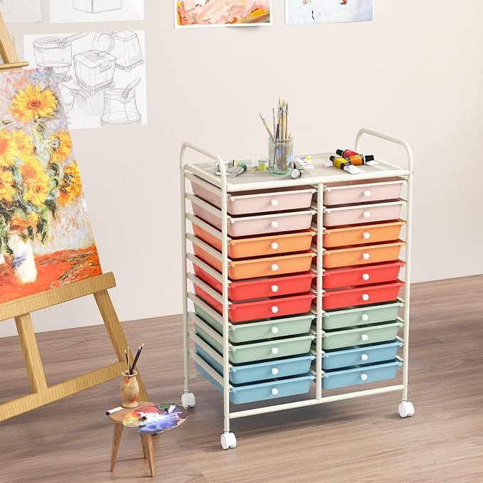 COSTWAY 20-Drawer Rolling Storage Cart, Multipurpose Storage Trolley on Wheels for Home Office, School, Macaron