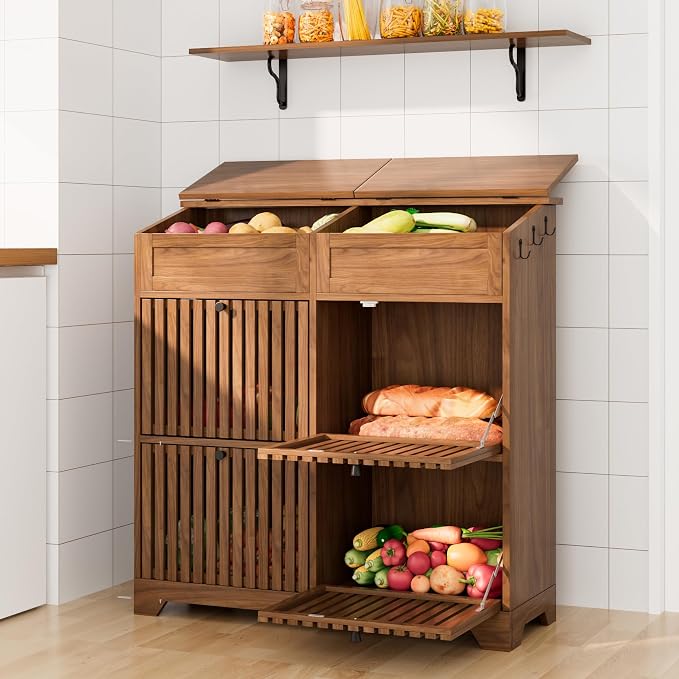 Potato and Onion Storage Bins Box, Mid Century Modern Tall Large Fruit and Vegetable Basket Storage, Walnut 4 Doors Kitchen Pantry Cabinet for Snack, Wooden Bread Storage, 3 Tier, Magnetic Flip-top