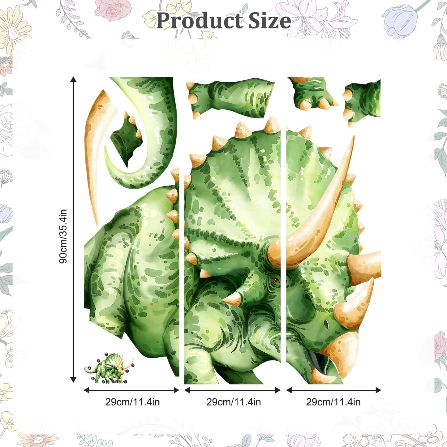 Large Dinosaur Wall Decals, Green Triceratops Dino Wall Stickers Vinyl Peel and Stick Wall Decal Self Adhesive Wall Art Sticker for Baby Nursery Kids Room Home Decor (53.7 * 34.4in)