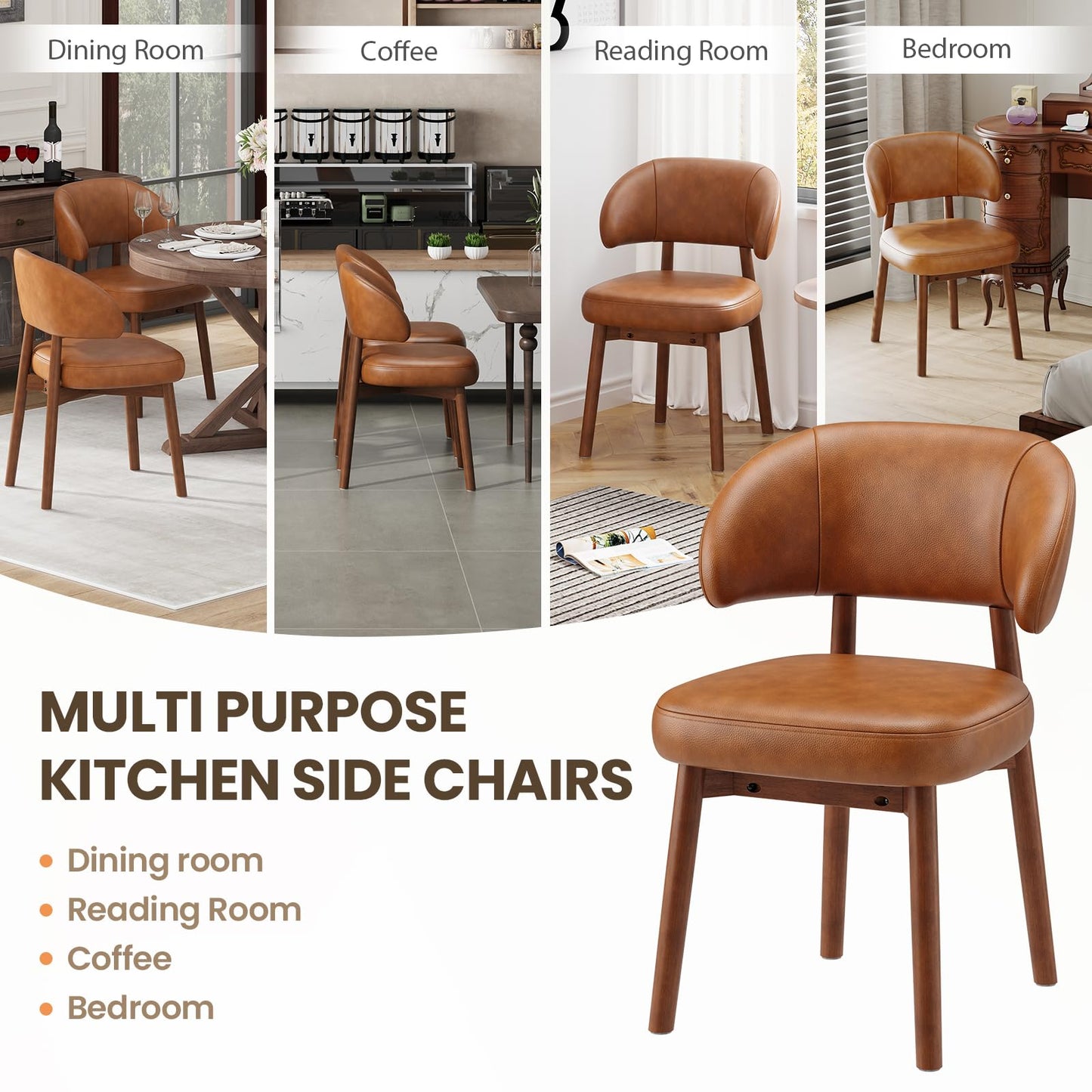 MALOL Wooden Dining Chairs Set of 6, Modern Upholstered Dining Room Chair, PU Leather Kitchen Side Chairs with Curved Open Back for Living Room/Restaurant/Cafe, Brown