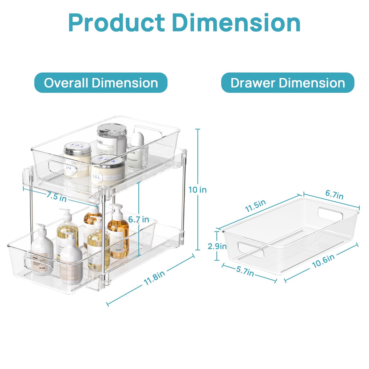 Vtopmart 4 Pack Bathroom Organizer, 2 Tier Clear Under Sink Organizers Vanity Countertop Storage Container,Cabinet Drawers Bins, Pull-Out Organization with Track for Pantry, Kitchen