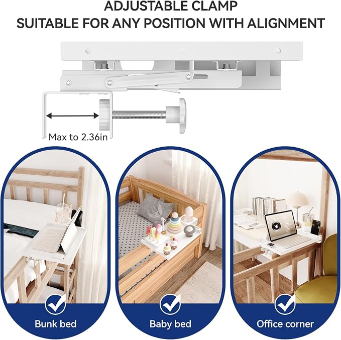 Metal Bedside Shelf Table Tray with Cup Holder, Foldable Bed Side Table for Bunk Bed & Top Bunk, College Dorm Room Essentials for Guys & Girls, Clip-on Laptop Nightstand for IKEA Beds, White