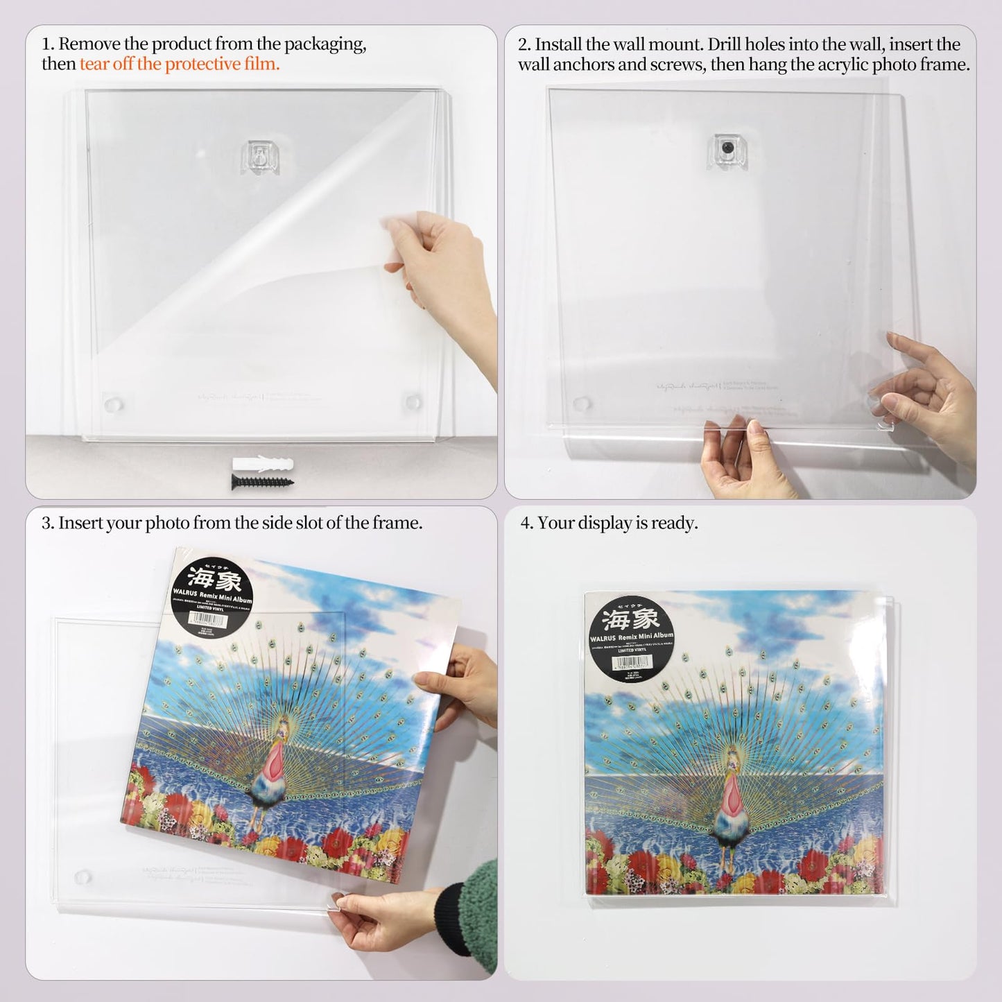 YSUFAGNR Vinyl Display Frame Floating Acrylic Album Frames 12.9 x 12.6 Inch Clear Wall Mount Display Holder for Single Lp Album Cover, 1 Piece