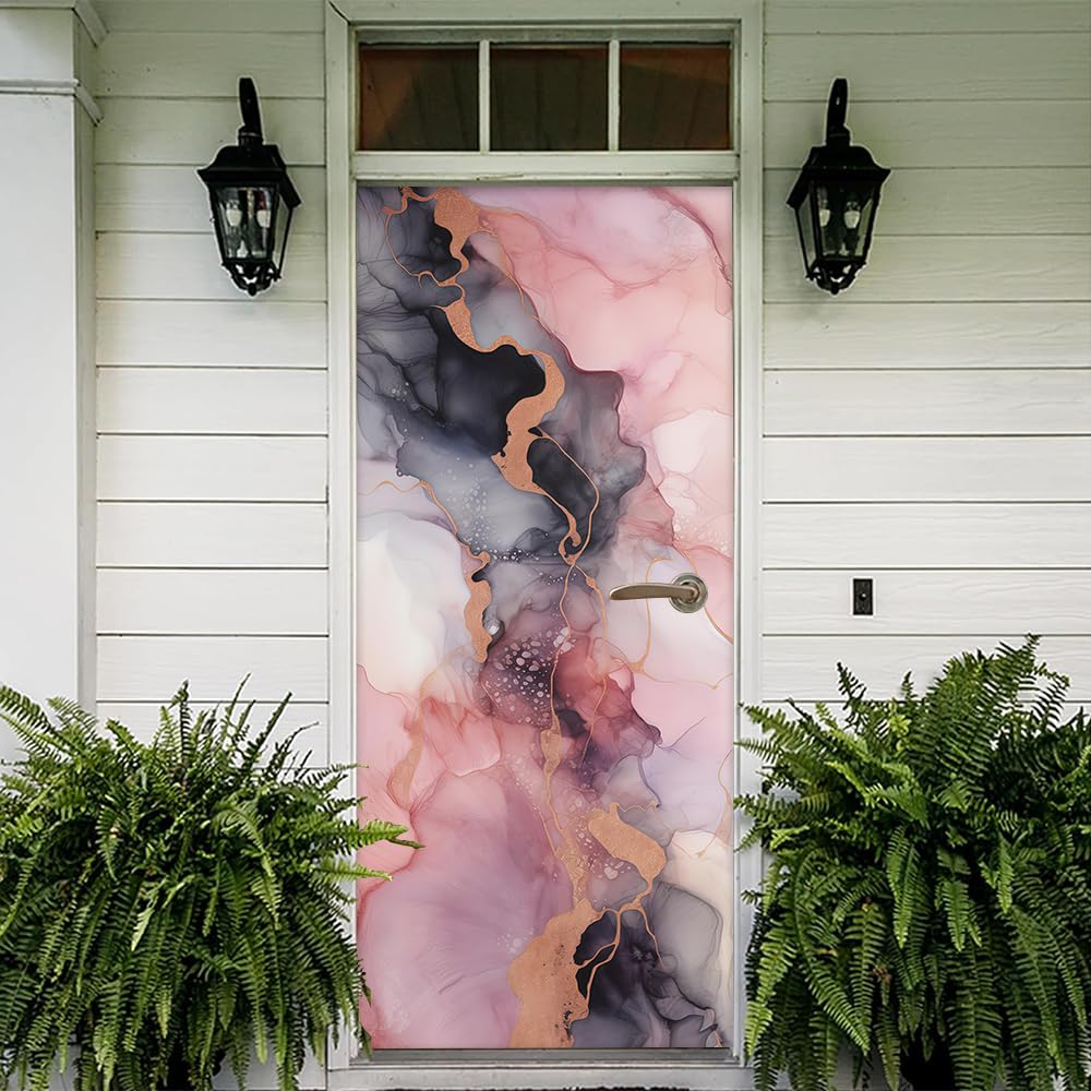 REDAMANCY Modern Pink Grey Purple Abstract Marble Peel and Stick Door Stickers Vinyl Decals Decor Modern Self-Adhesive, Waterproof, Removable