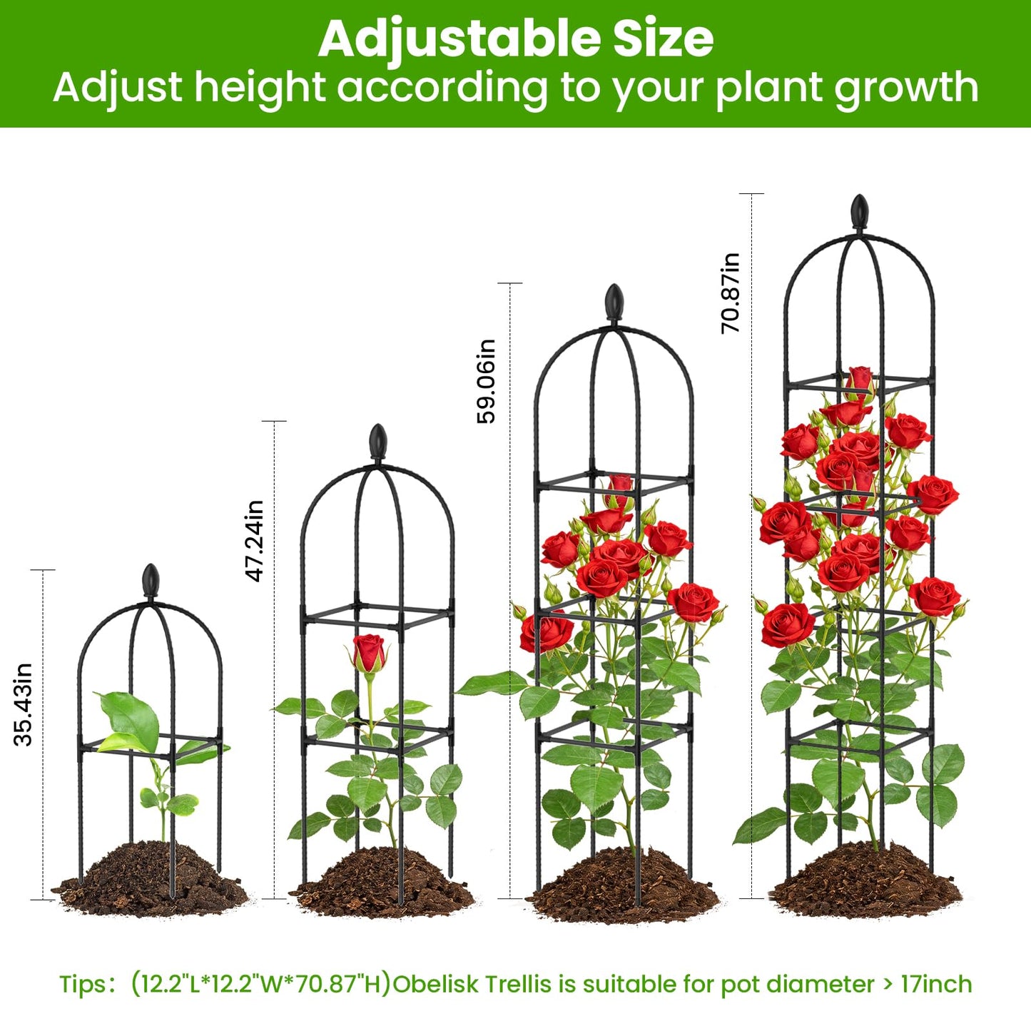 2 Pack Garden Obelisk Trellis for Climbing Plants, 71" Rustproof Metal Tower Plant Support Cages, Rose Trellis for Tomato Potted Flowers Vegetables Vines, Indoor Outdoor Garden Patio