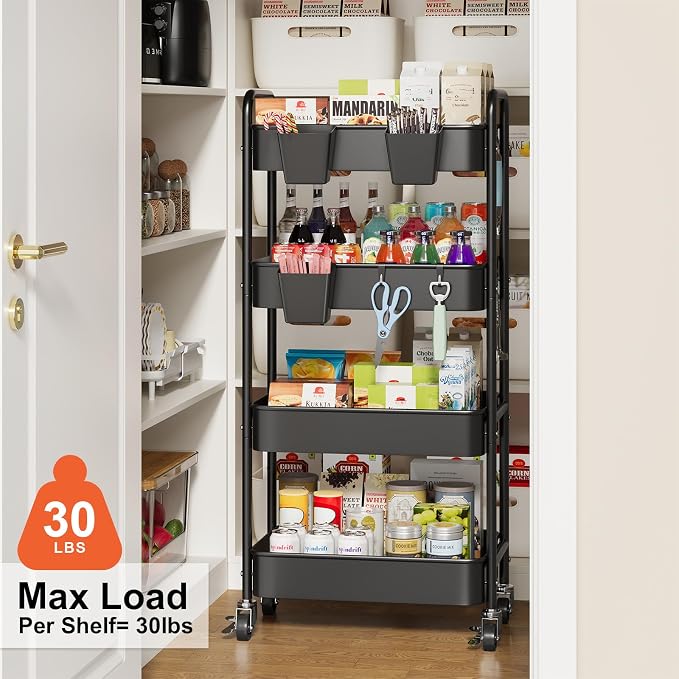 4 Tier Rolling Cart Metal with Wheels, Black Four Tiered Rolling Storage Cart on Wheels, Utility Roller Carts Organizer for Art, Craft, Baby Diaper Caddy, Snack, Book, Large-Capacity Shelving Units