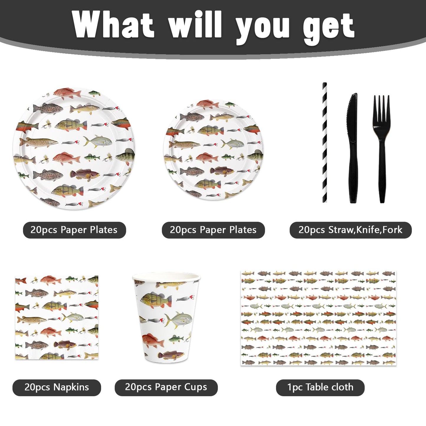141Pcs Fishing Happy Birthday Party Decorations Fishman Birthday Plates and Napkins Forks Cups Cutlery Tablecloch Supplies Serve 20 Fishing Themed Party Tableware Set Decorations for Baby Shower Decor