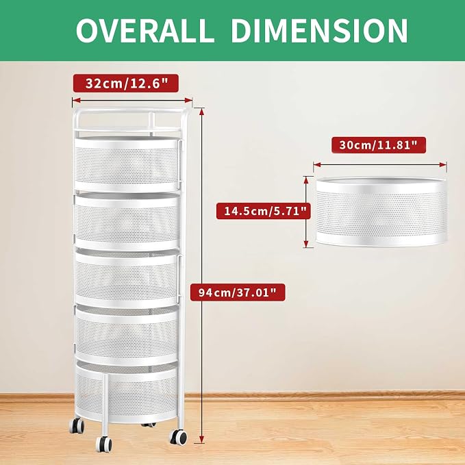JAQ No Assembly 5-Tier Kitchen Storage Cart with Wheels, Rotating Produce Organizer for Onion, Potato & Vegetable Storage, Large Capacity Pantry Rack, White