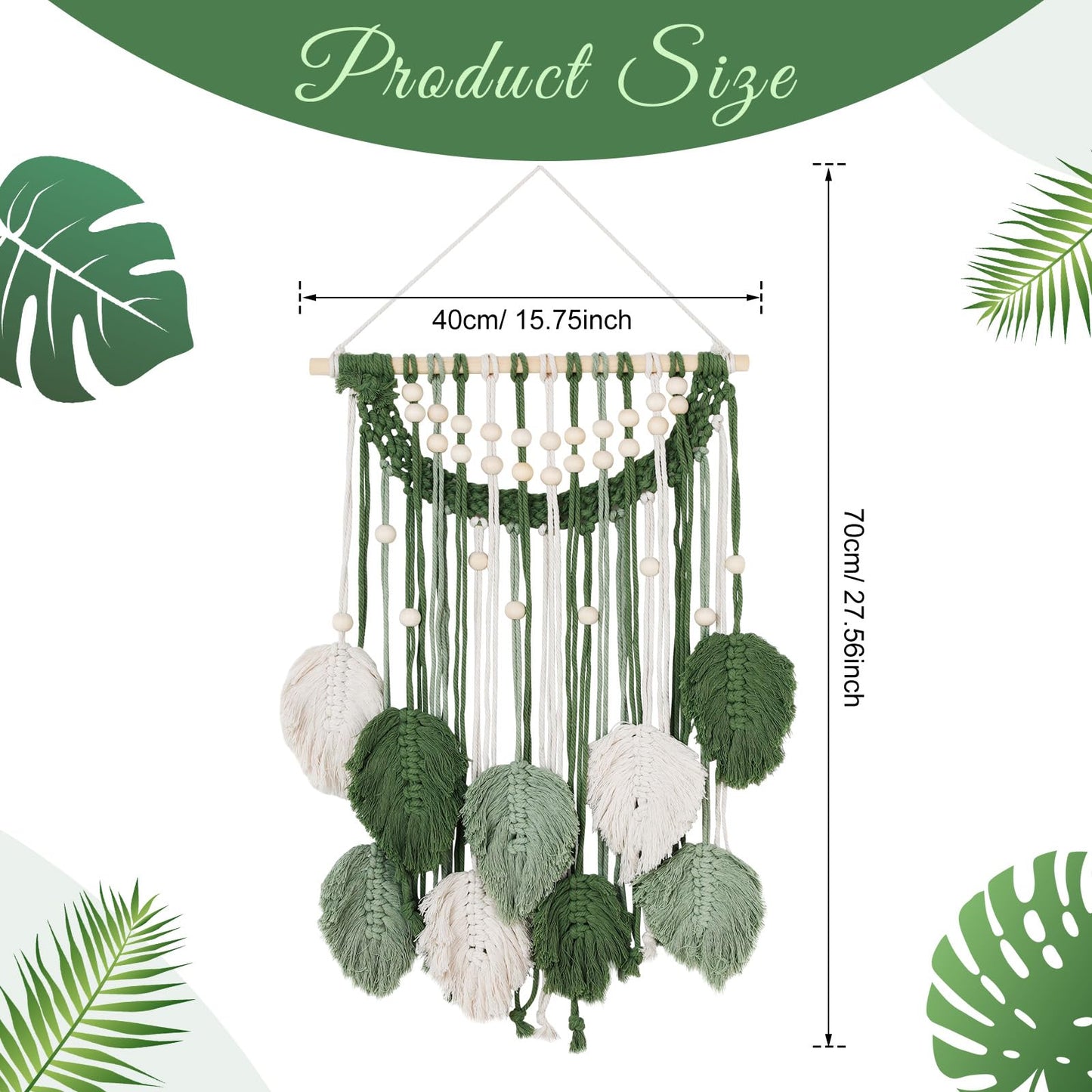 Newwiee Leaves Macrame Wall Hanging Boho Feather Macrame Wall Decor Woven Tapestry Green Stylish Feather Hanging for Nursery Bedroom Living Room 27.6 x 15.8 Inch
