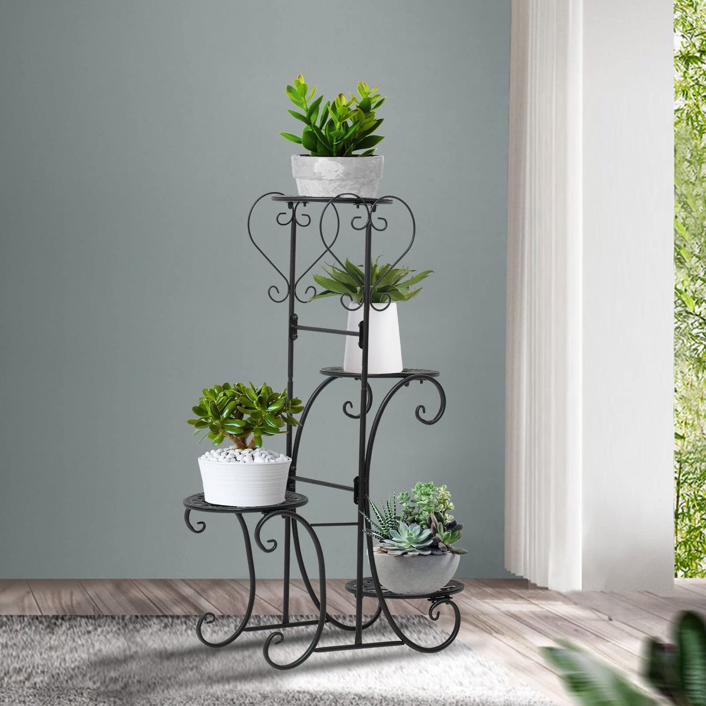 Kaichenyt Plant Stand Black Metal 4-Tier 32.3 inch Flower Display Rack Tiered Corner Flower Display Holder Indoor Outdoor Elegant Flower Pot Holder for Patio Balcony Garden Home Decorative